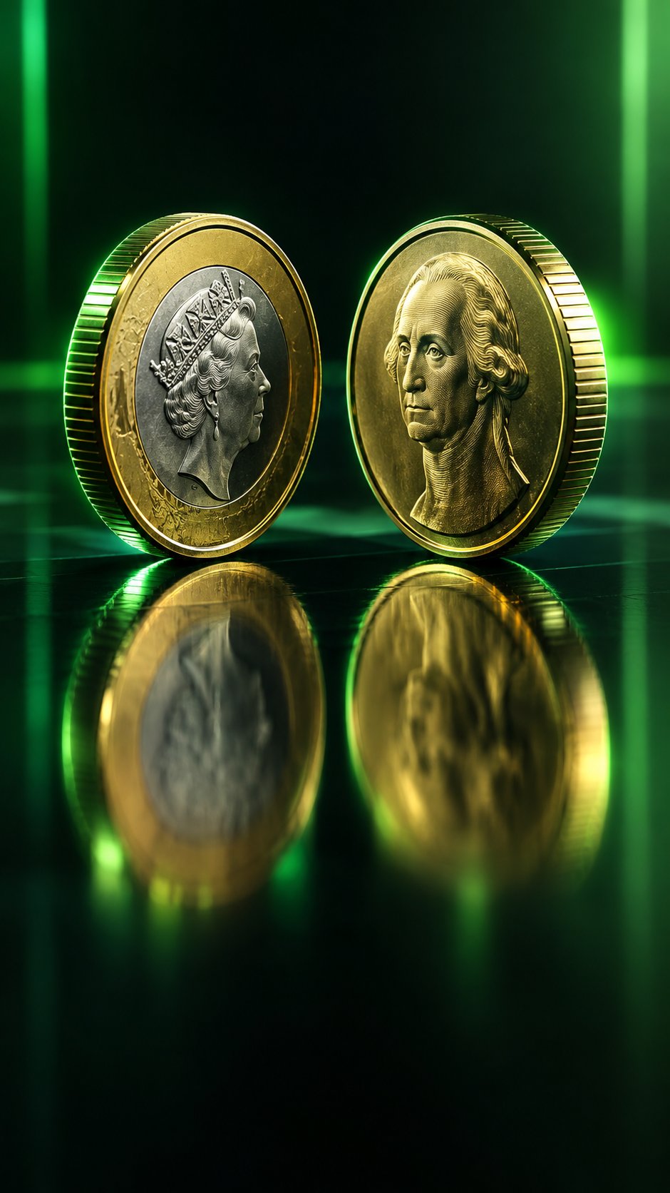 British pound coin and a us dollar coin facing each other on a reflective surface